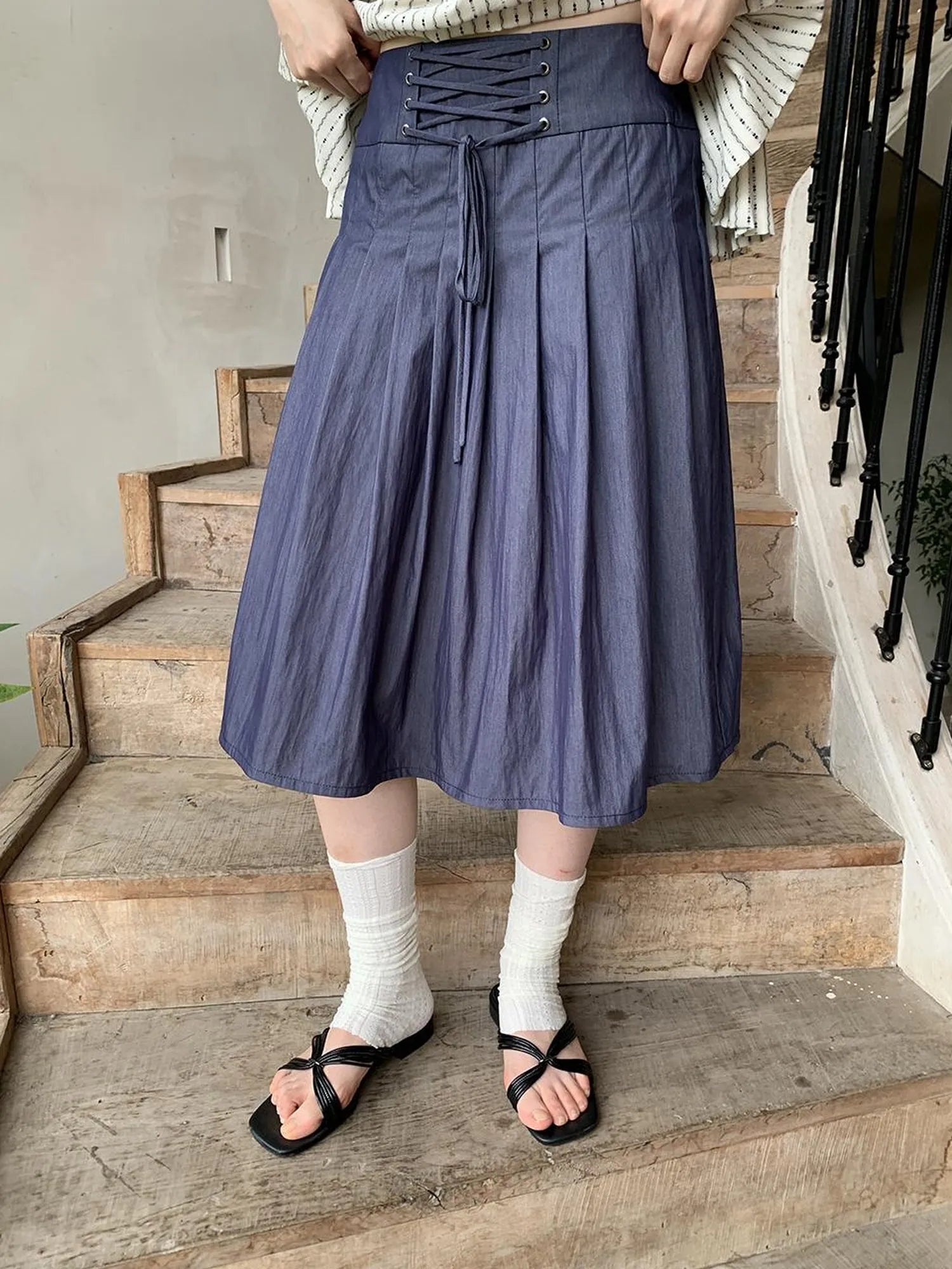 Cross Tie A Line Denim Wrap Mini Skirt