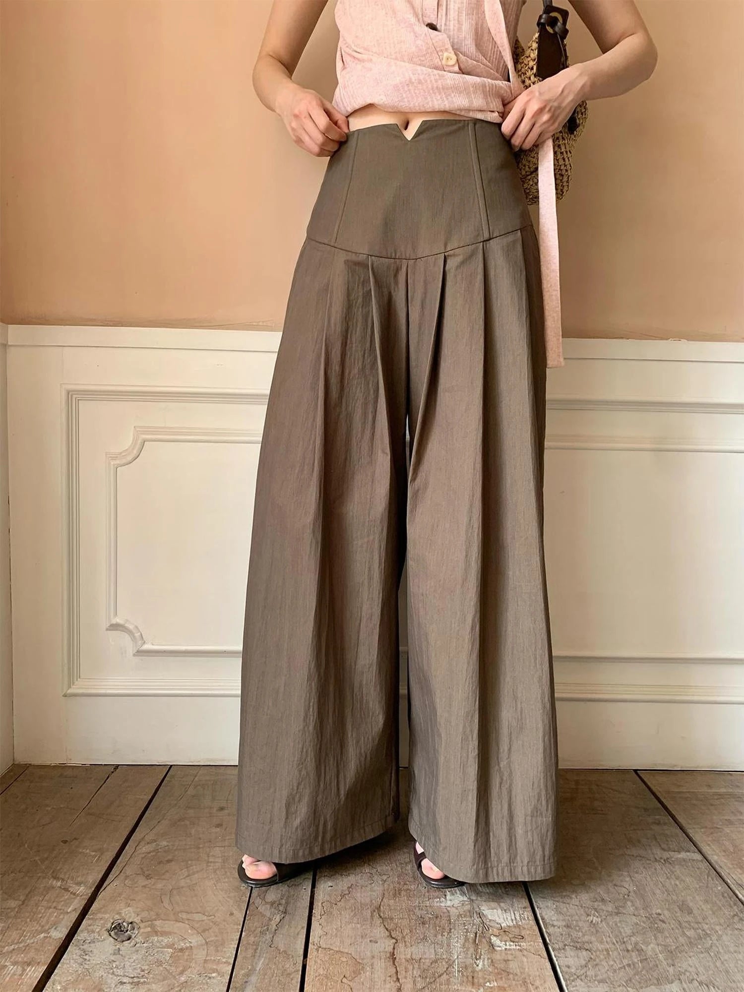 Crumpled Cotton Nylon Wide Leg Trousers With Bone Pleats