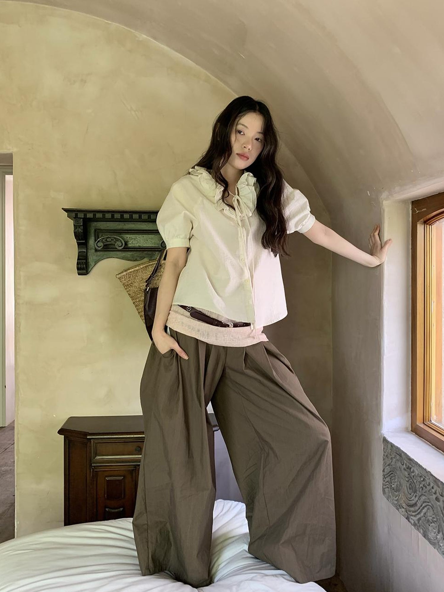 Dorydory Crumpled Cotton Nylon Wide Leg Trousers With Bone Pleats