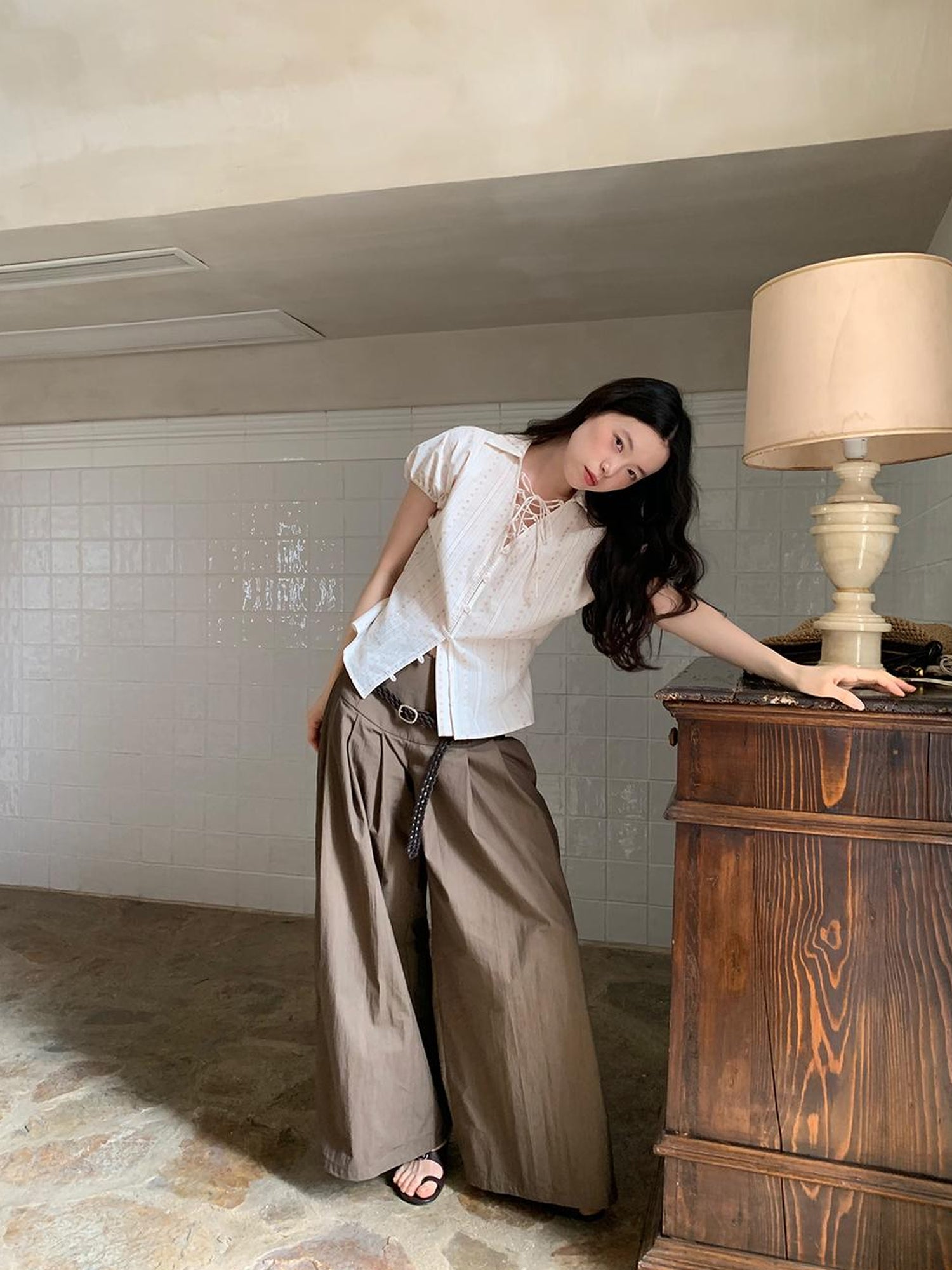 Dorydory Crumpled Cotton Nylon Wide Leg Trousers With Bone Pleats