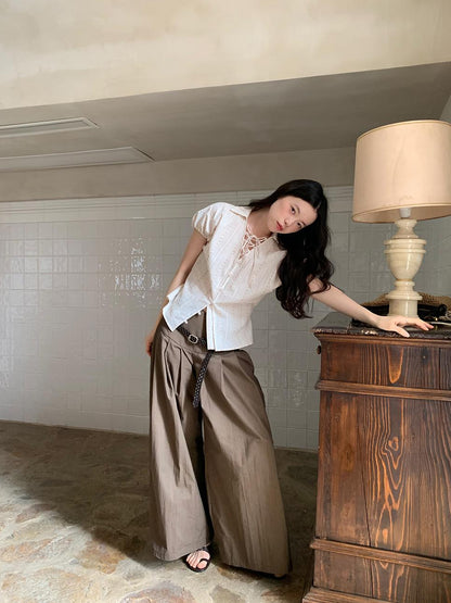 Dorydory Crumpled Cotton Nylon Wide Leg Trousers With Bone Pleats