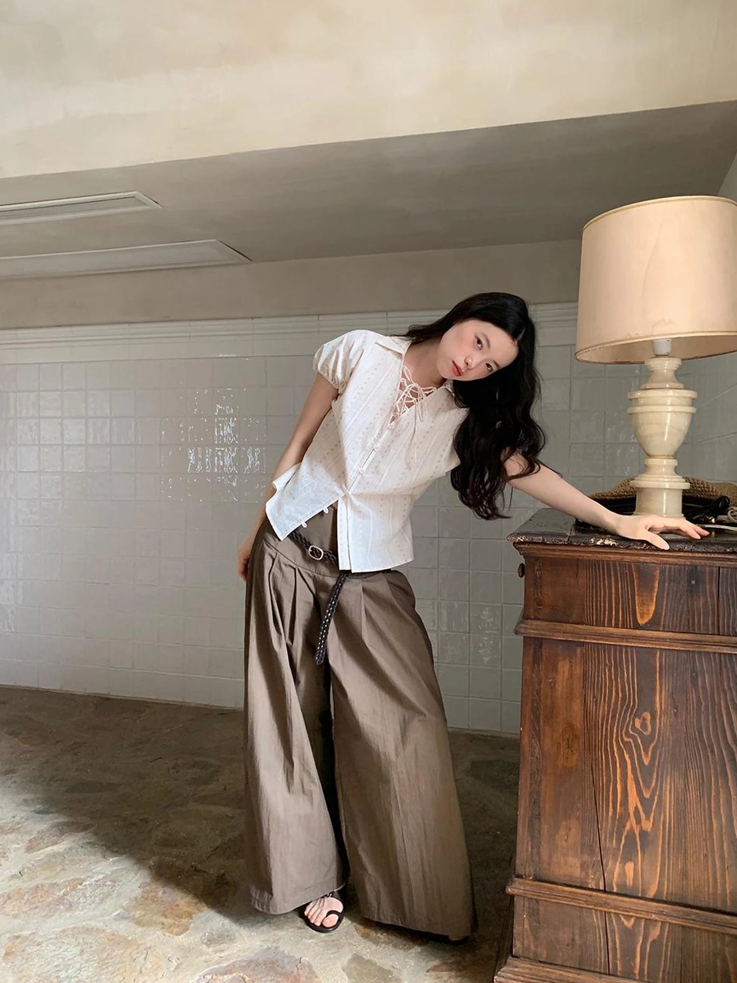 Crumpled Cotton Nylon Wide Leg Trousers With Bone Pleats