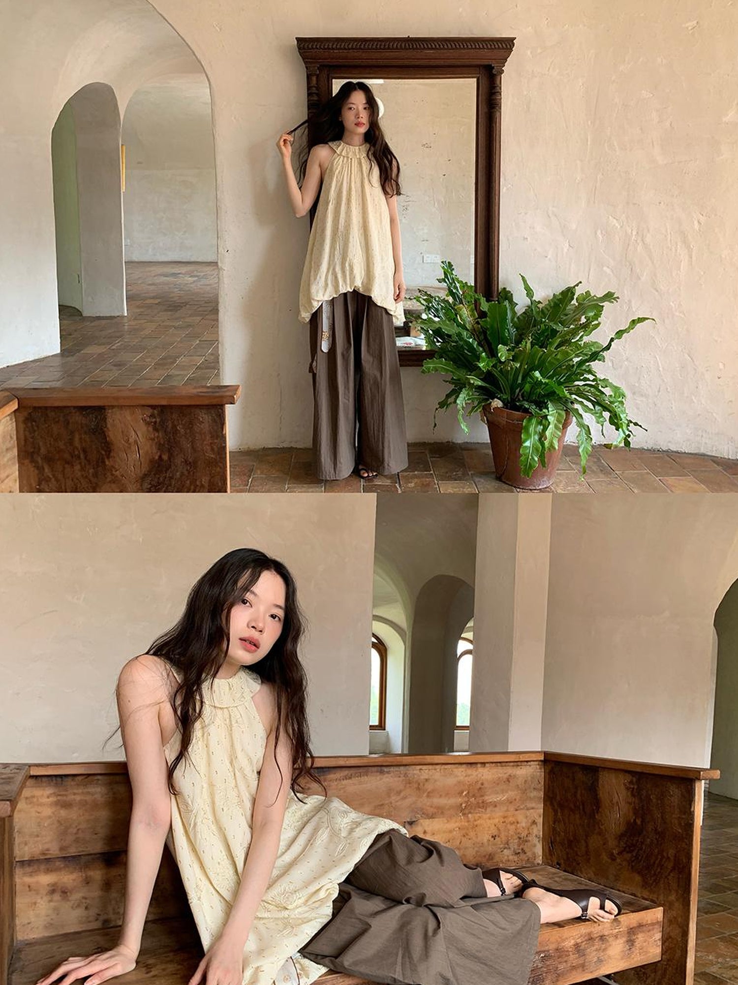 Dorydory Crumpled Cotton Nylon Wide Leg Trousers With Bone Pleats