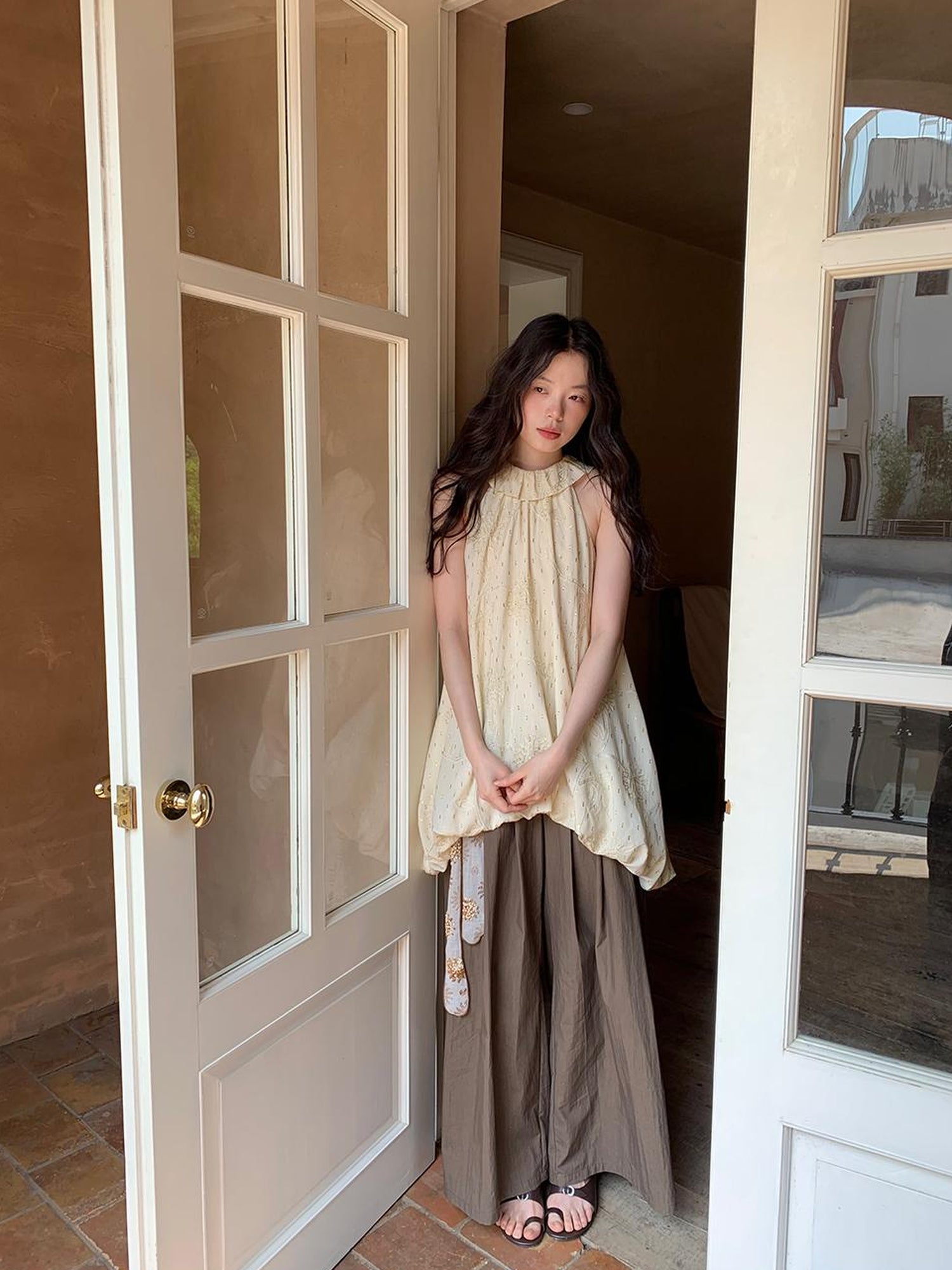 Dorydory Crumpled Cotton Nylon Wide Leg Trousers With Bone Pleats