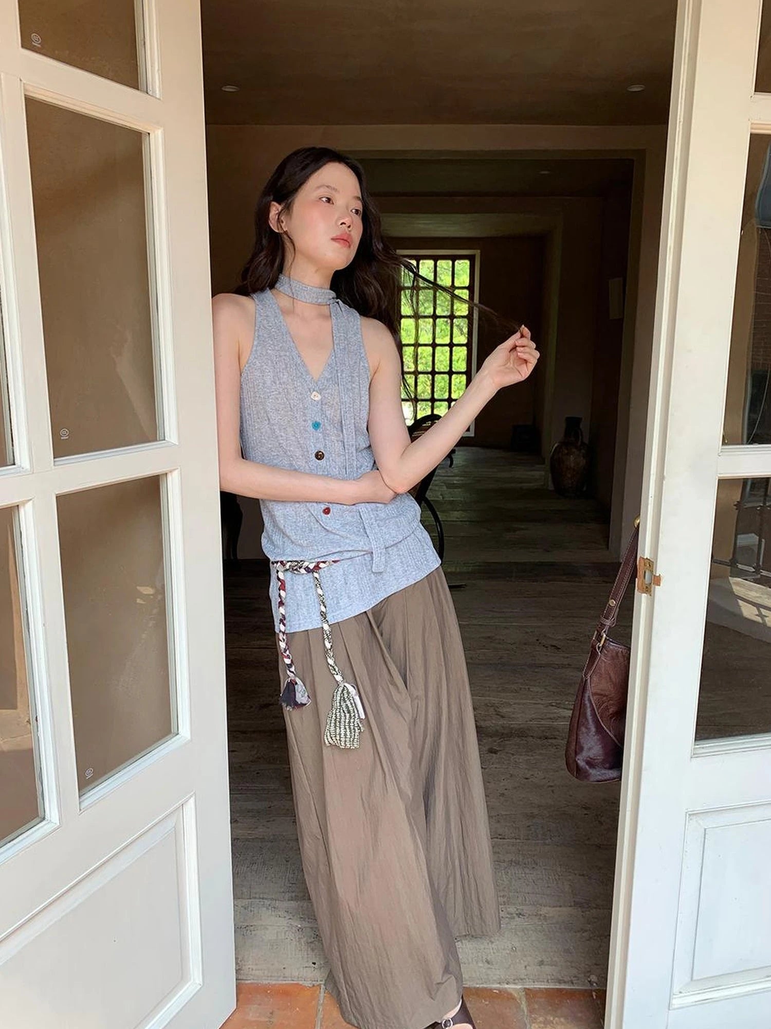 Crumpled Cotton Nylon Wide Leg Trousers With Bone Pleats