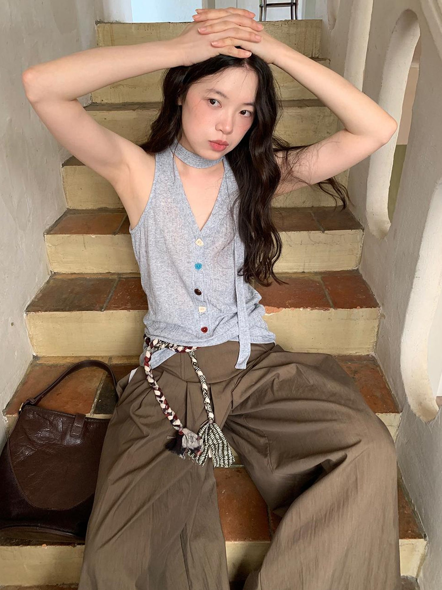 Dorydory Crumpled Cotton Nylon Wide Leg Trousers With Bone Pleats