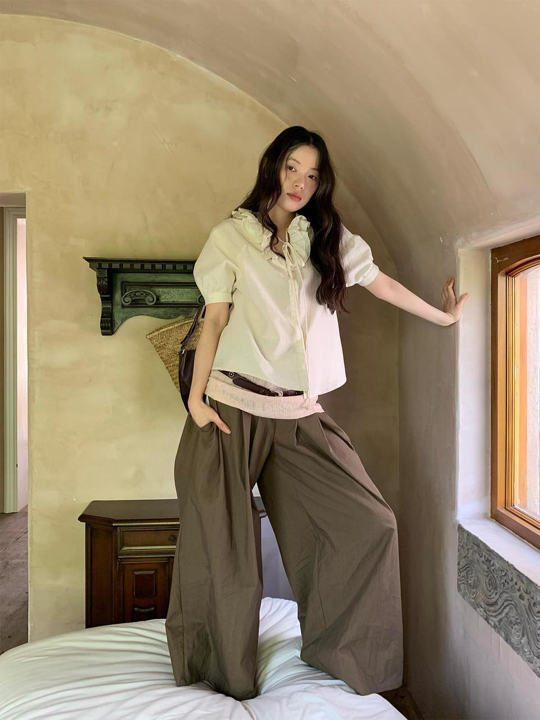Dorydory Crumpled Cotton Nylon Wide Leg Trousers With Bone Pleats