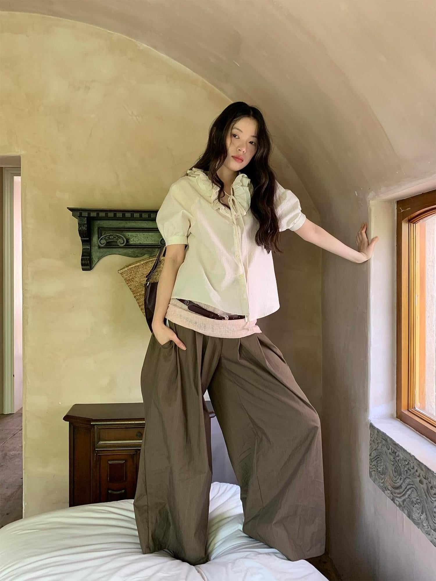 Dorydory Crumpled Cotton Nylon Wide Leg Trousers With Bone Pleats