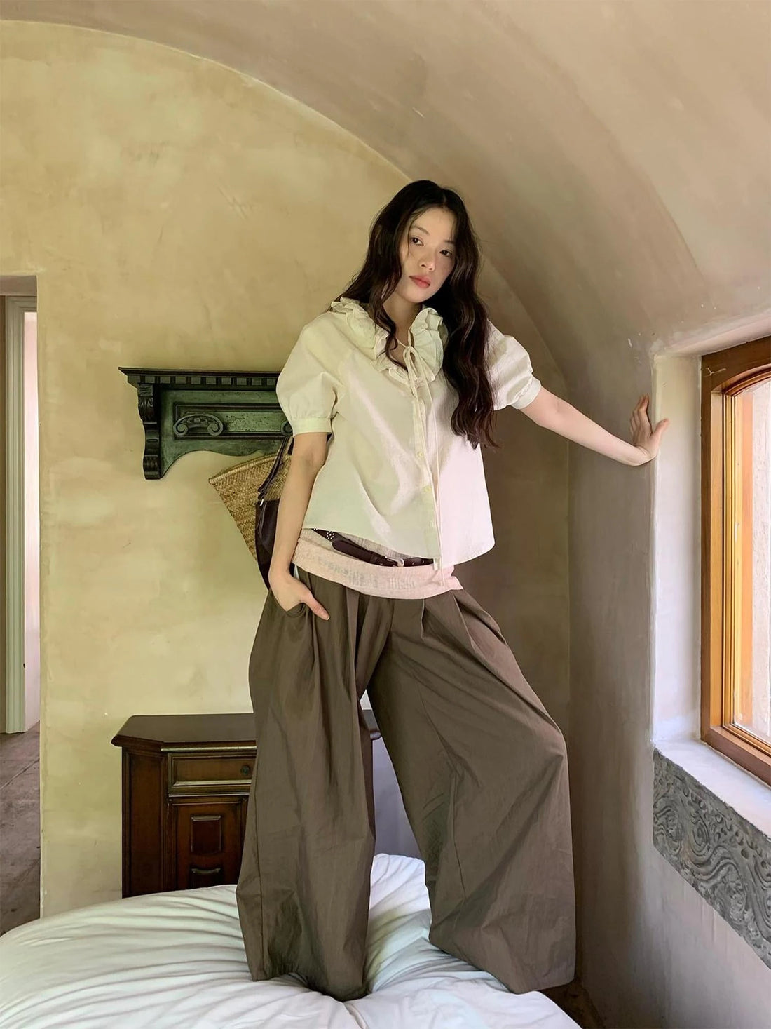 Crumpled Cotton Nylon Wide Leg Trousers With Bone Pleats