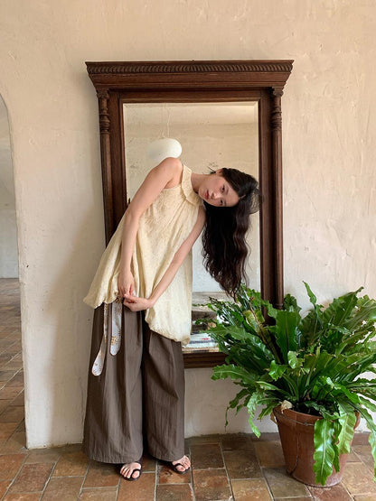 Dorydory Crumpled Cotton Nylon Wide Leg Trousers With Bone Pleats