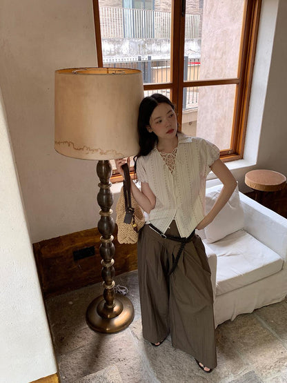 Dorydory Crumpled Cotton Nylon Wide Leg Trousers With Bone Pleats