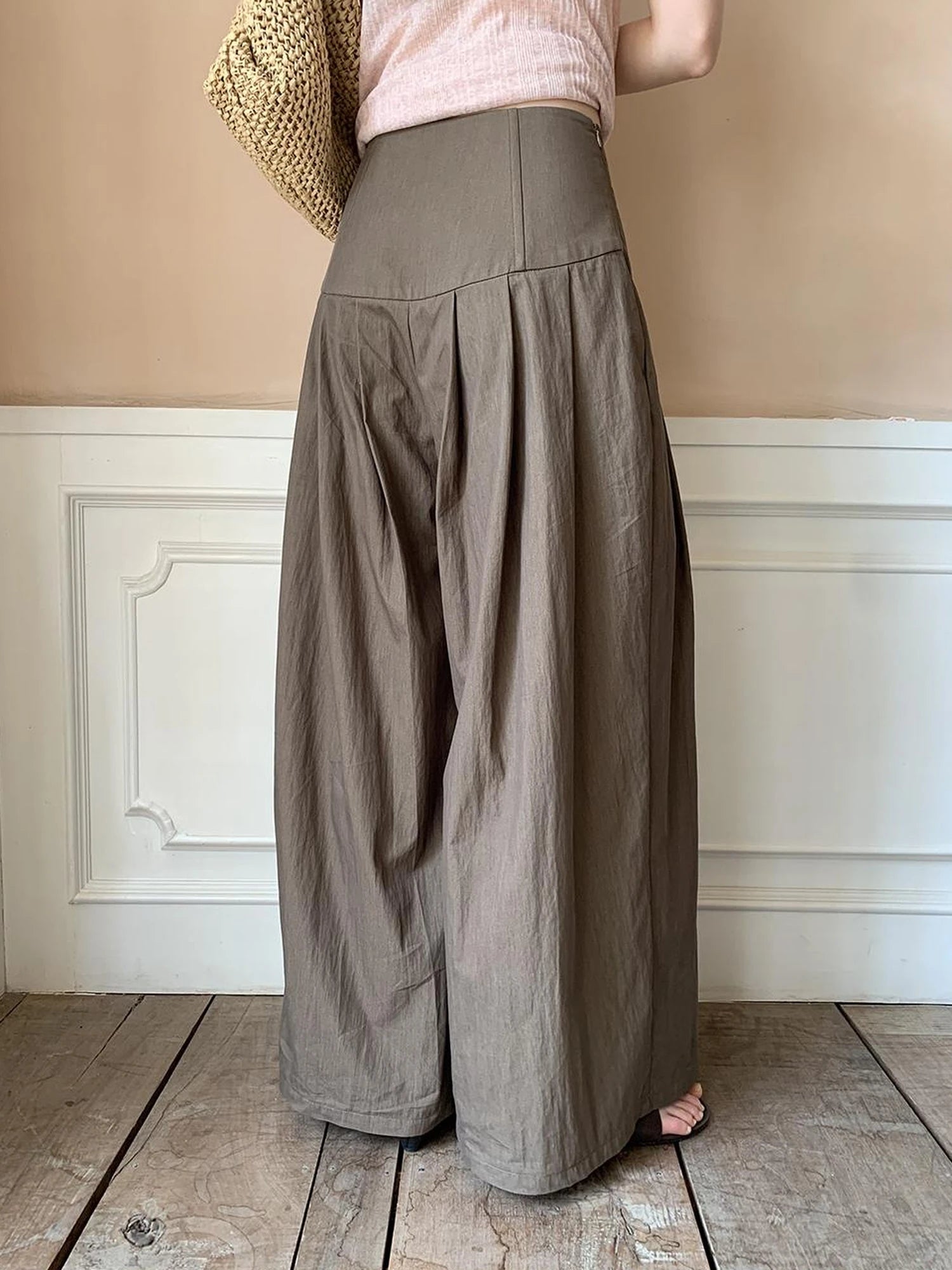Crumpled Cotton Nylon Wide Leg Trousers With Bone Pleats