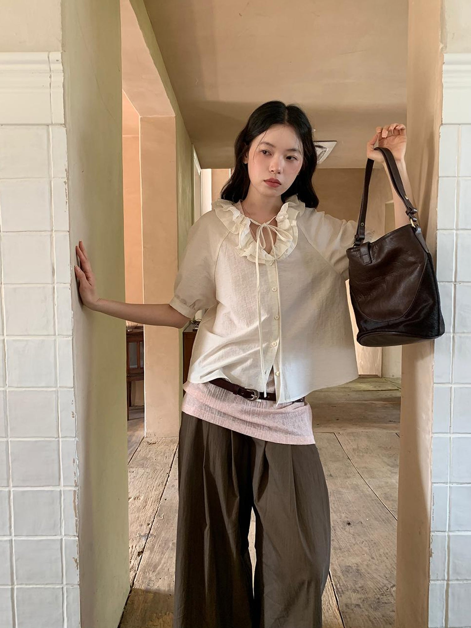 Dorydory Crumpled Cotton Nylon Wide Leg Trousers With Bone Pleats