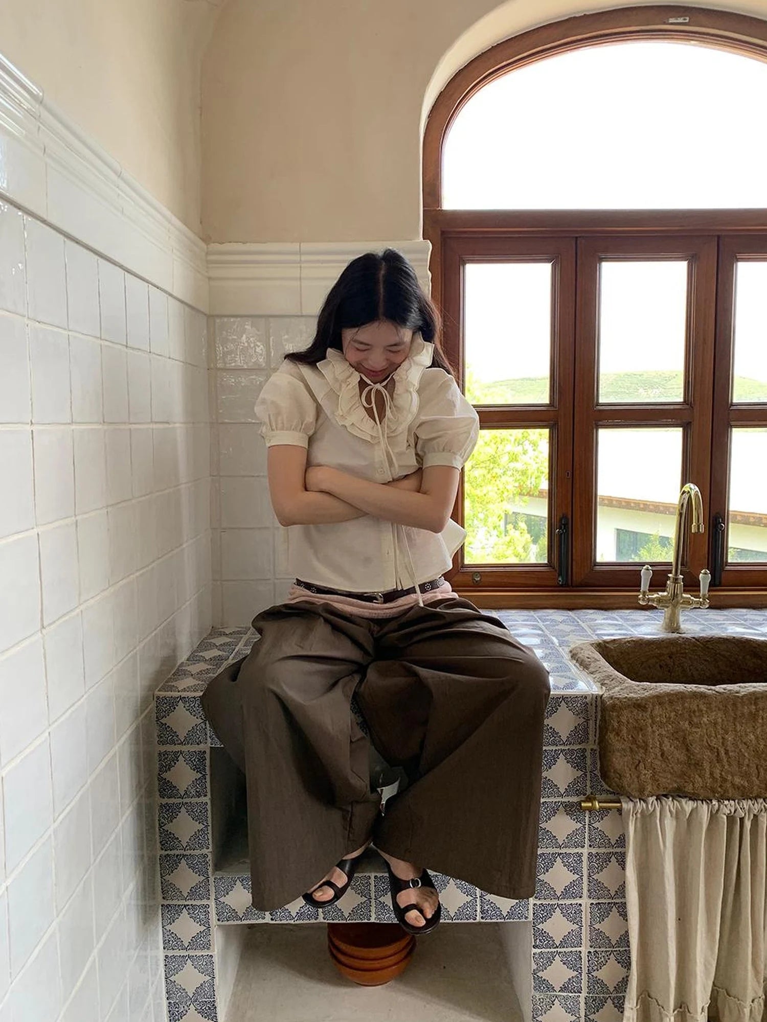 Crumpled Cotton Nylon Wide Leg Trousers With Bone Pleats