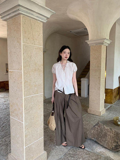 Dorydory Crumpled Cotton Nylon Wide Leg Trousers With Bone Pleats