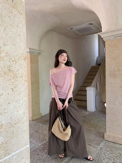 Dorydory Crumpled Cotton Nylon Wide Leg Trousers With Bone Pleats
