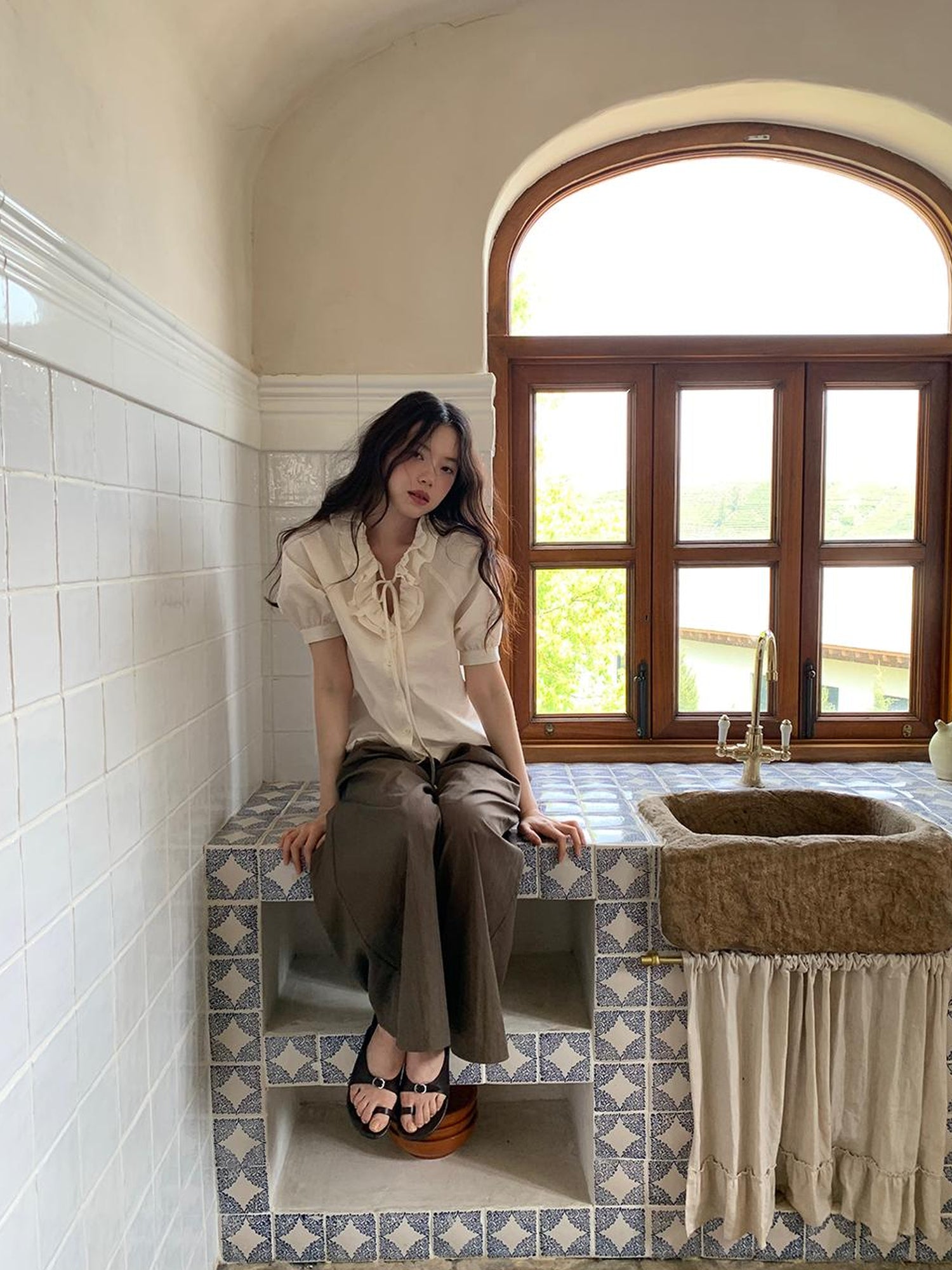 Dorydory Crumpled Cotton Nylon Wide Leg Trousers With Bone Pleats