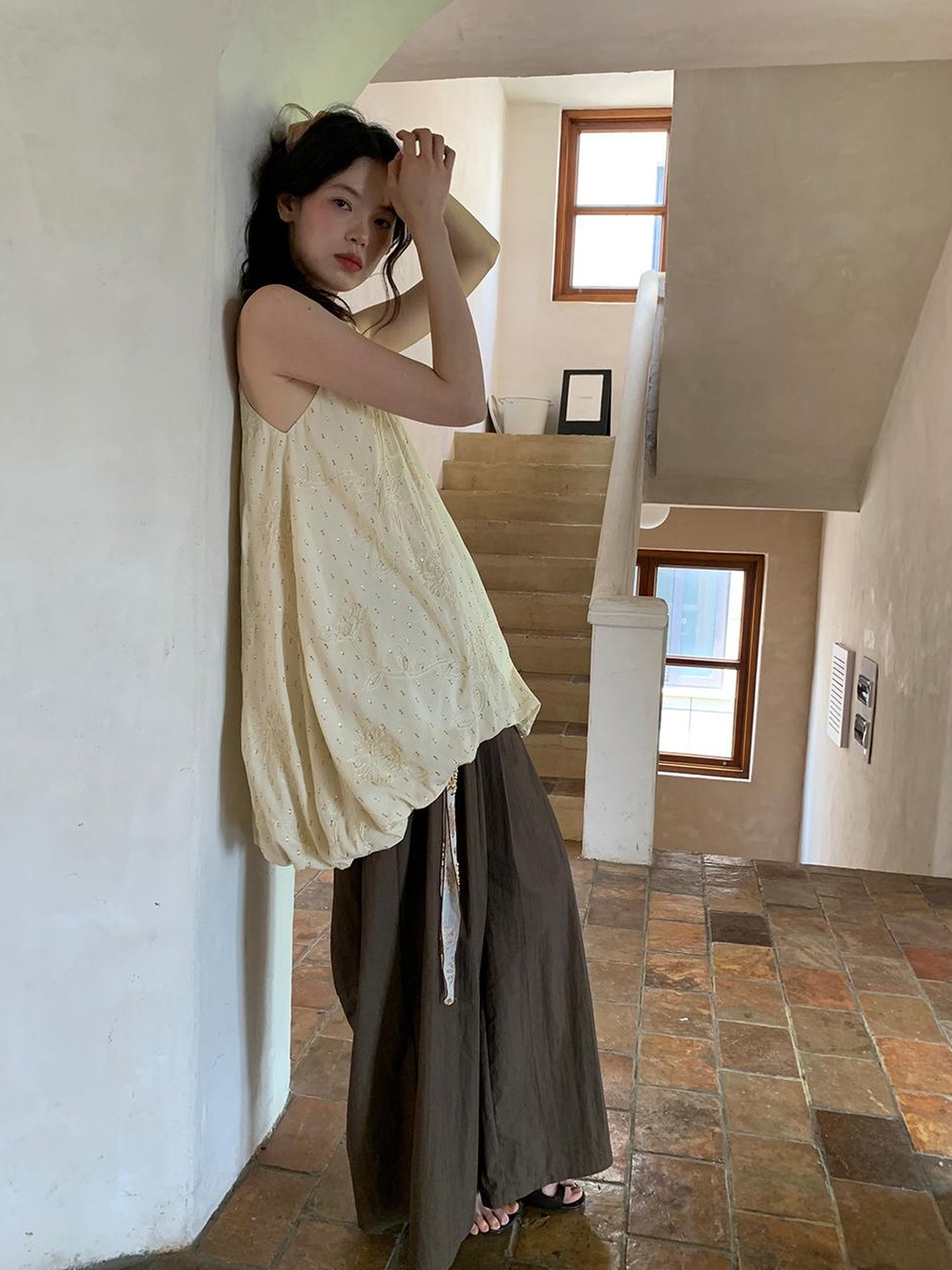 Dorydory Crumpled Cotton Nylon Wide Leg Trousers With Bone Pleats