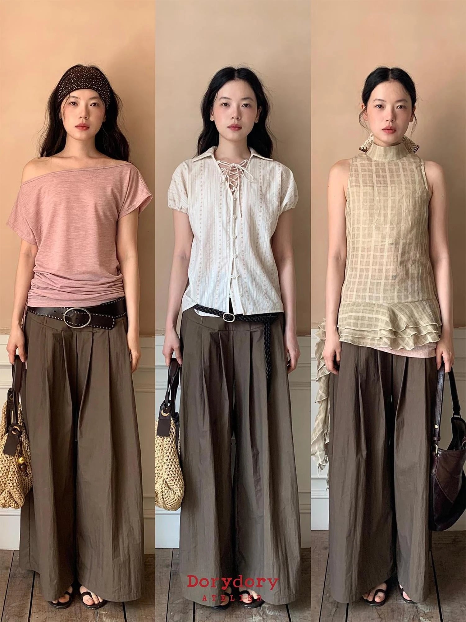 Crumpled Cotton Nylon Wide Leg Trousers With Bone Pleats