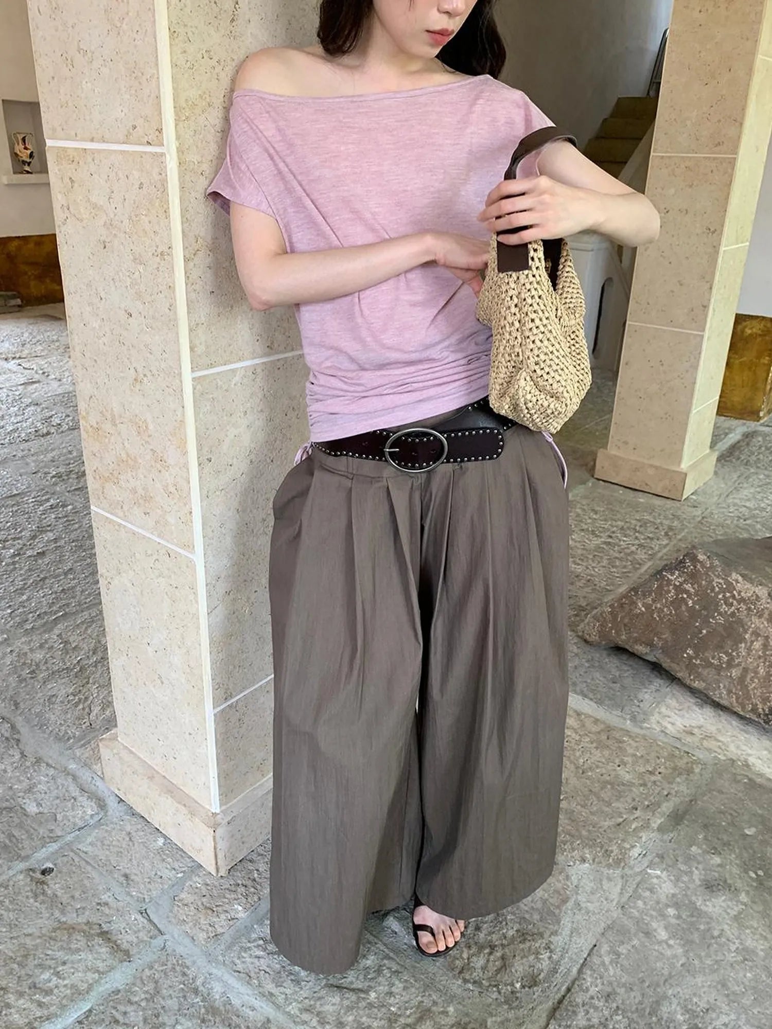 Crumpled Cotton Nylon Wide Leg Trousers With Bone Pleats