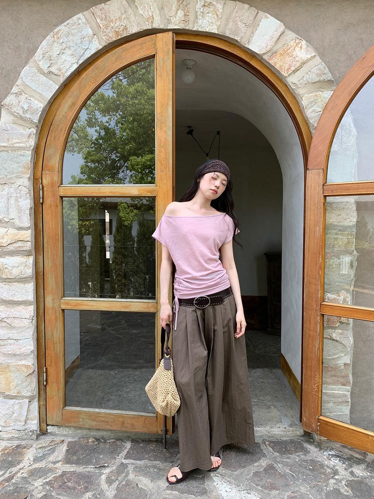 Dorydory Crumpled Cotton Nylon Wide Leg Trousers With Bone Pleats