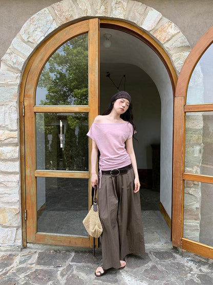 Dorydory Crumpled Cotton Nylon Wide Leg Trousers With Bone Pleats