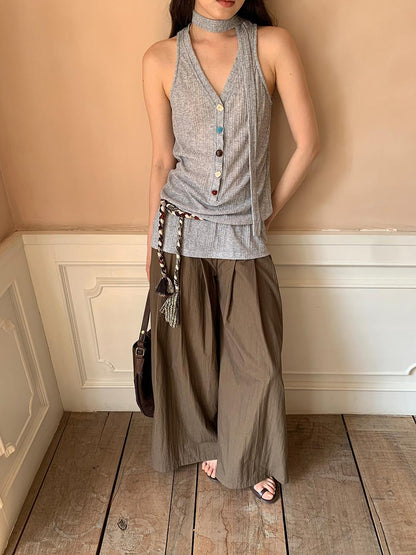 Dorydory Crumpled Cotton Nylon Wide Leg Trousers With Bone Pleats