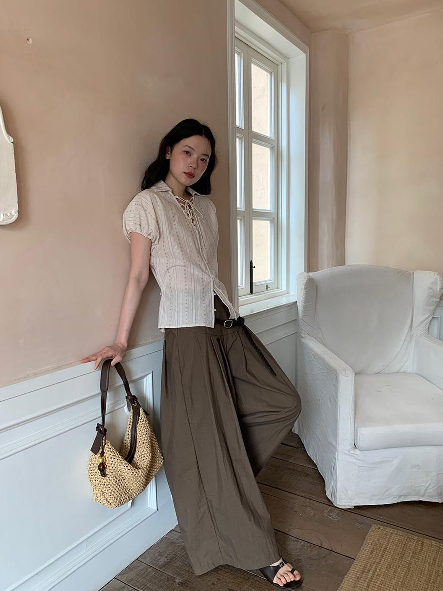 Dorydory Crumpled Cotton Nylon Wide Leg Trousers With Bone Pleats