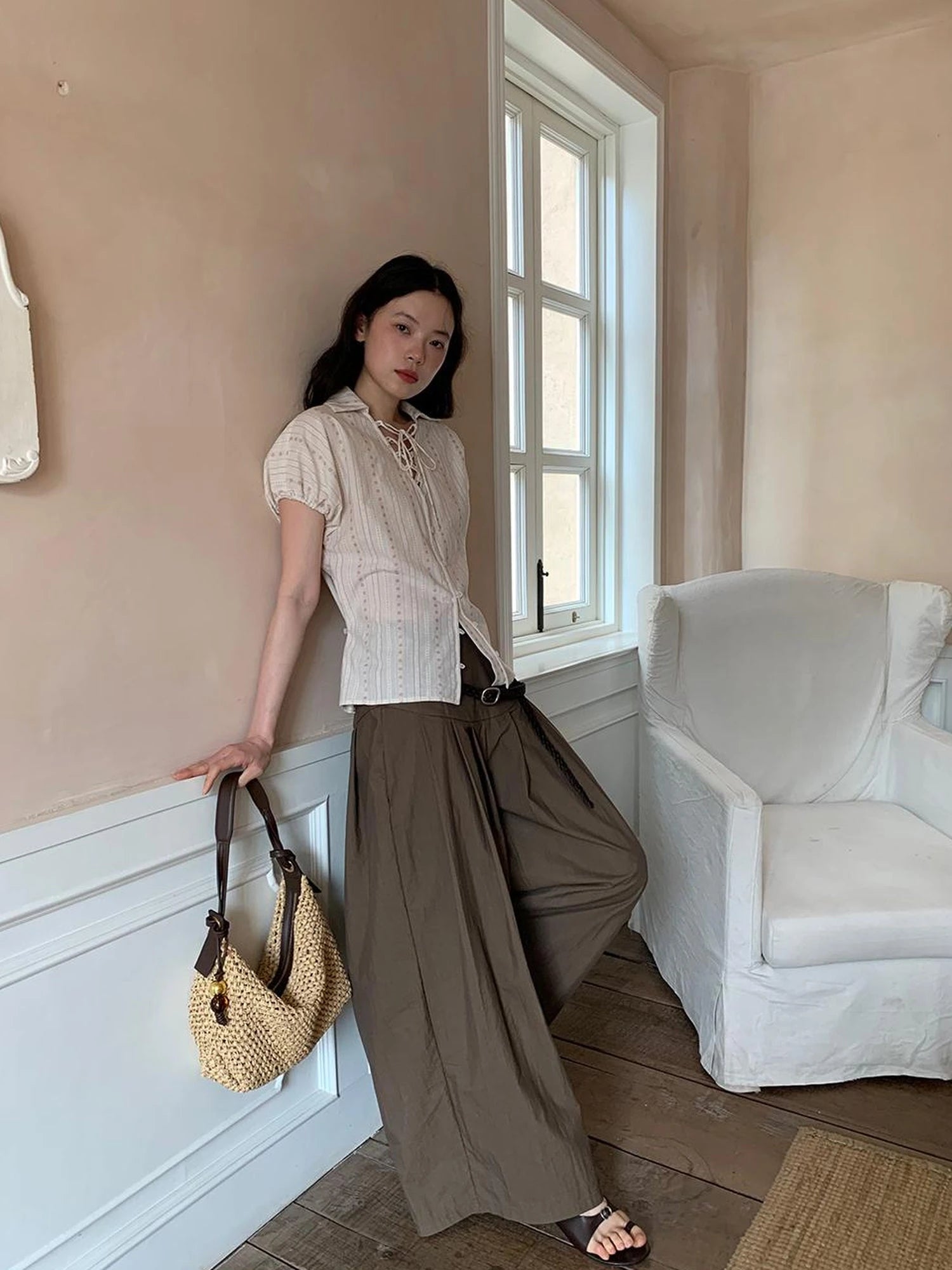 Crumpled Cotton Nylon Wide Leg Trousers With Bone Pleats