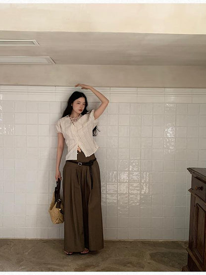 Dorydory Crumpled Cotton Nylon Wide Leg Trousers With Bone Pleats