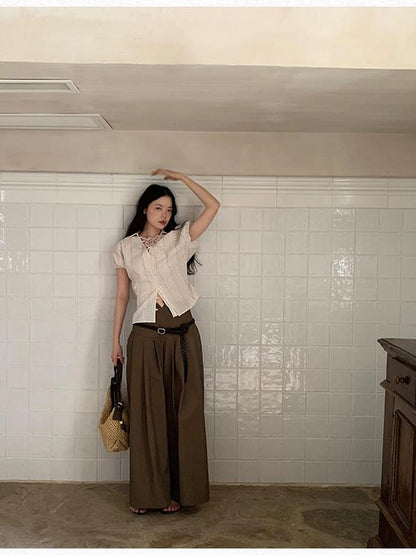 Crumpled Cotton Nylon Wide Leg Trousers With Bone Pleats