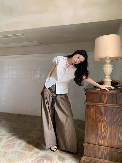 Crumpled Cotton Nylon Wide Leg Trousers With Bone Pleats