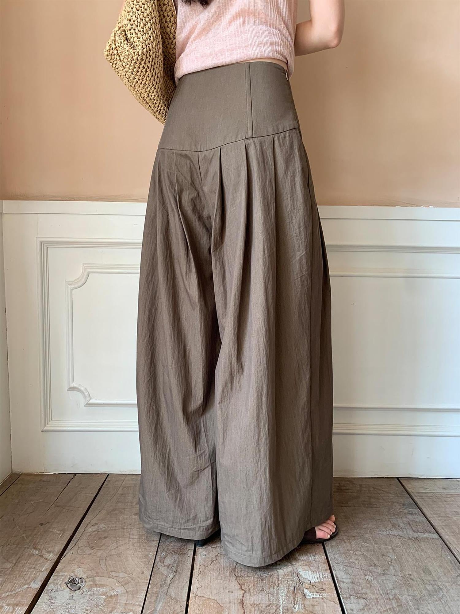 Dorydory Crumpled Cotton Nylon Wide Leg Trousers With Bone Pleats