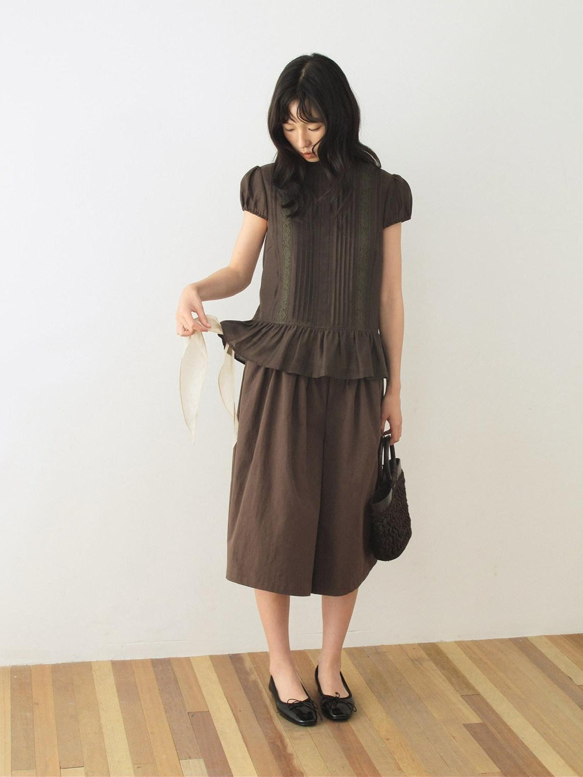 Dorydory Dark Brown Button Front Wide Leg Light Cinch Waist Women&