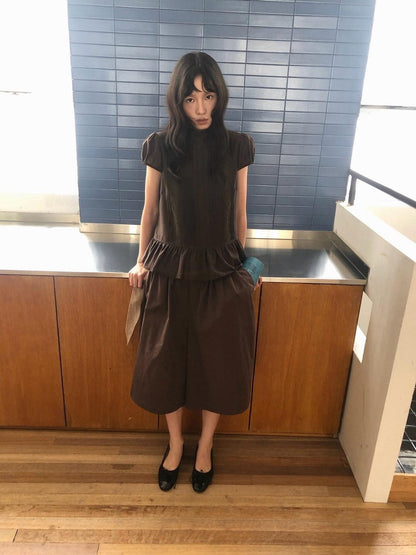 Dorydory Dark Brown Button Front Wide Leg Light Cinch Waist Women&