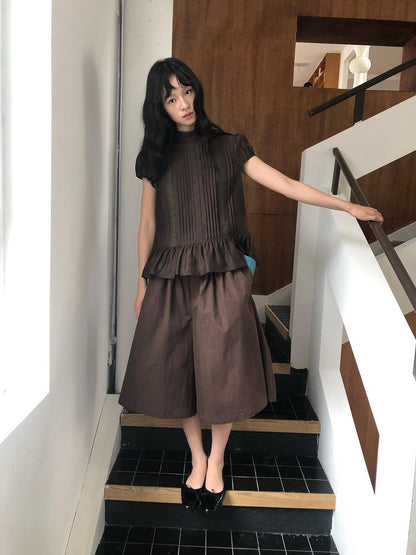Dorydory Dark Brown Button Front Wide Leg Light Cinch Waist Women&