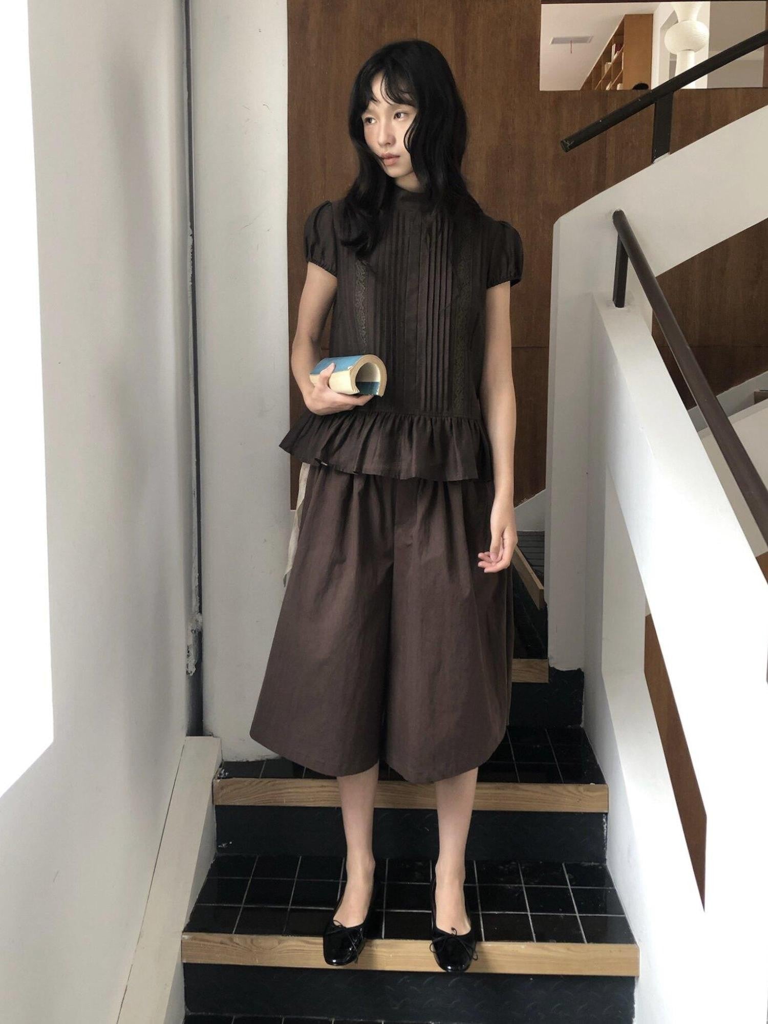 Dorydory Dark Brown Button Front Wide Leg Light Cinch Waist Women&