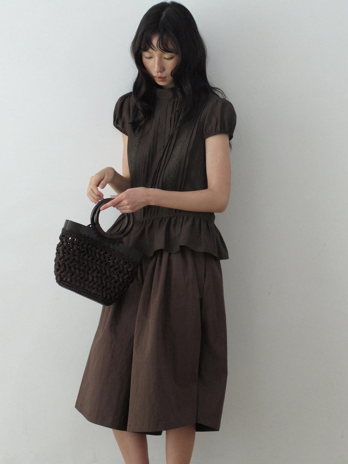 Dorydory Dark Brown Button Front Wide Leg Light Cinch Waist Women&
