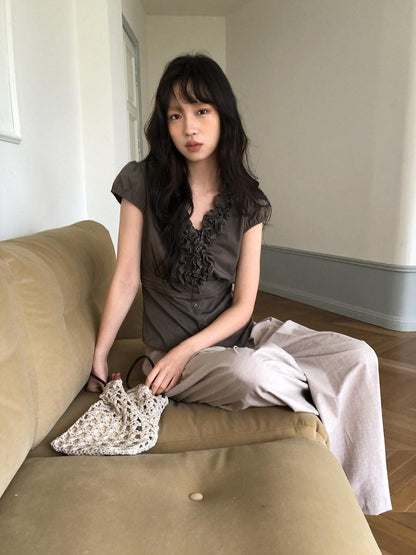 Dorydory Deep Brown 3d Lace Puff Sleeve Vintage Women&