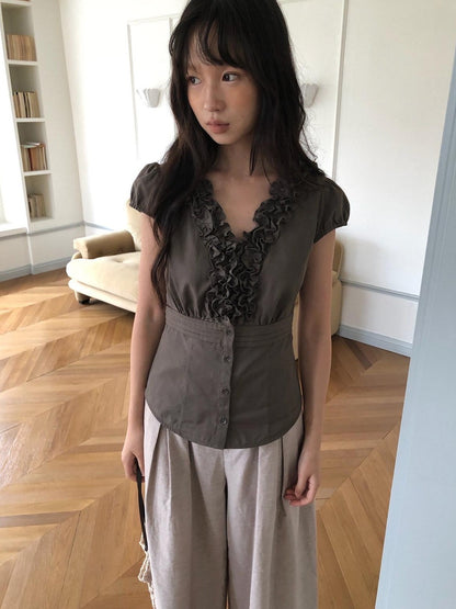 Dorydory Deep Brown 3d Lace Puff Sleeve Vintage Women&