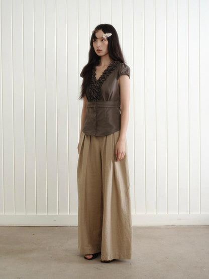 Dorydory Deep Brown 3d Lace Puff Sleeve Vintage Women&