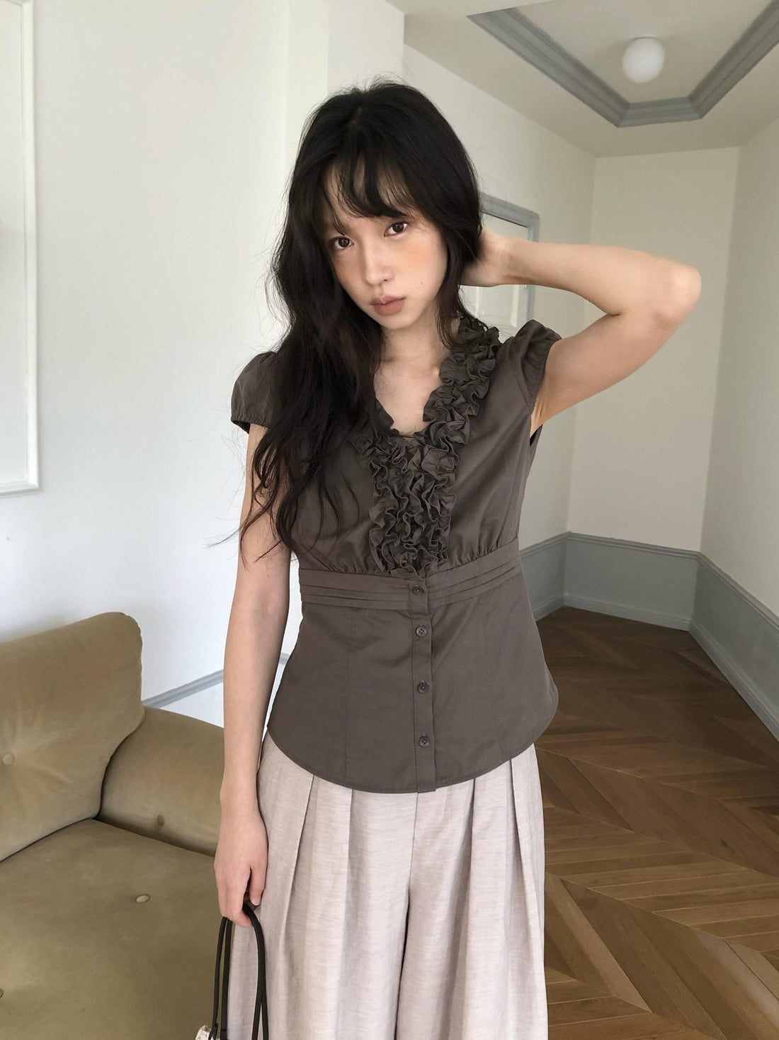 Dorydory Deep Brown 3d Lace Puff Sleeve Vintage Women&