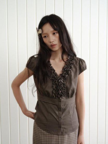 Dorydory Deep Brown 3d Lace Puff Sleeve Vintage Women&