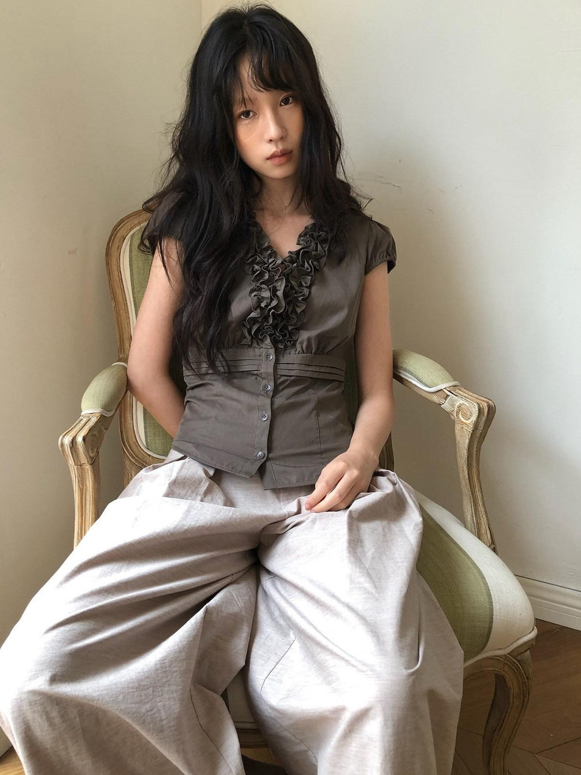 Dorydory Deep Brown 3d Lace Puff Sleeve Vintage Women&