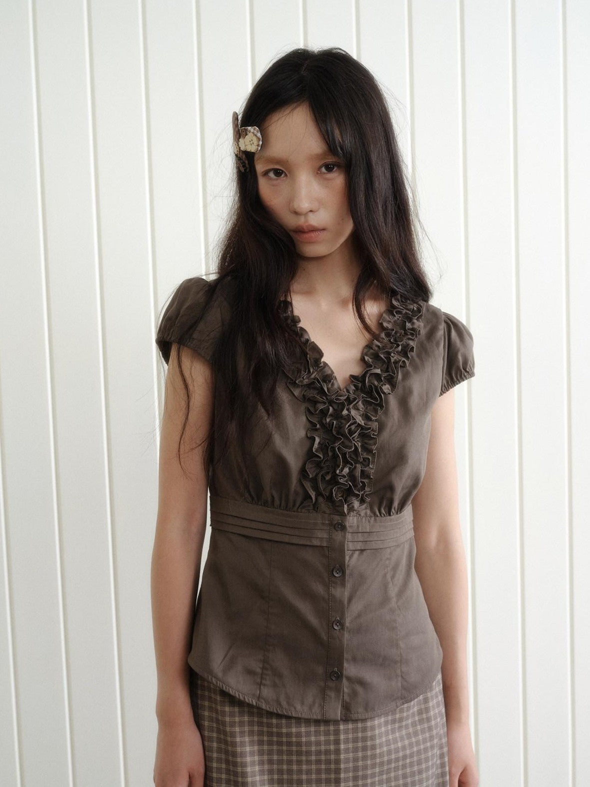 Dorydory Deep Brown 3d Lace Puff Sleeve Vintage Women&