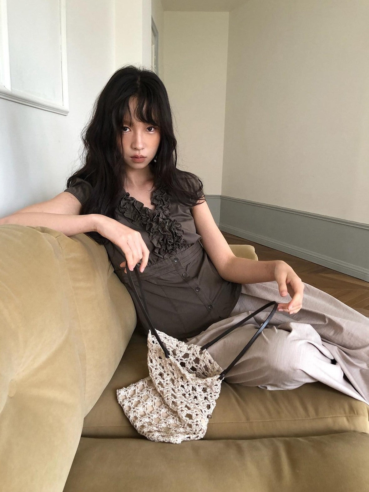 Dorydory Deep Brown 3d Lace Puff Sleeve Vintage Women&