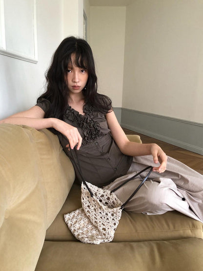 Dorydory Deep Brown 3d Lace Puff Sleeve Vintage Women&