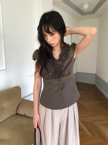 Dorydory Deep Brown 3d Lace Puff Sleeve Vintage Women&