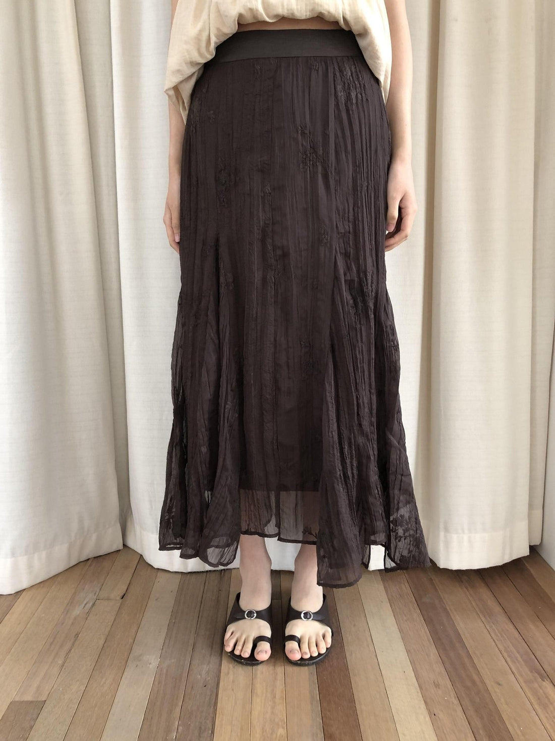 Dorydory Deep Brown Jacquard Pleated Irregular A Line Women&