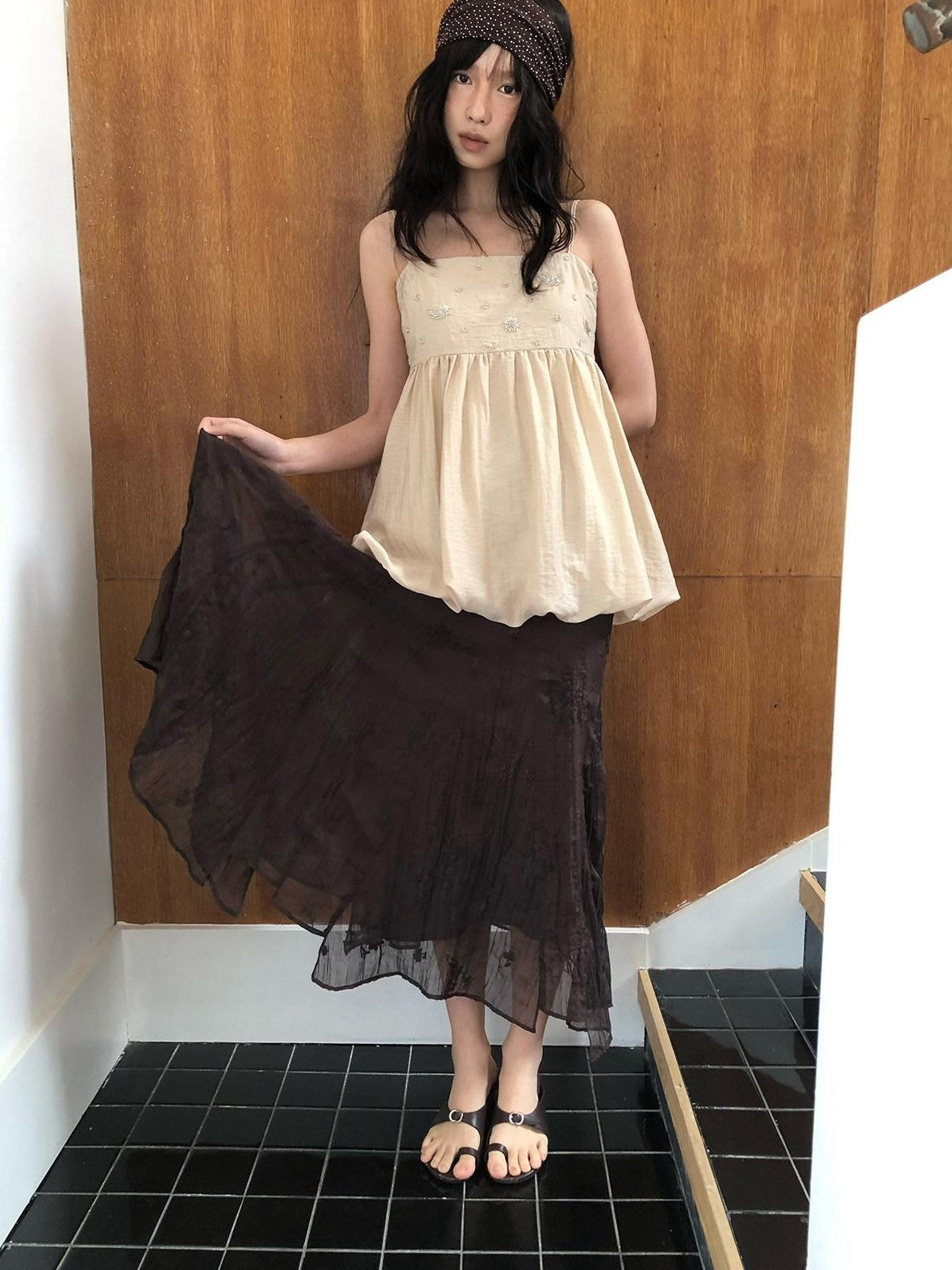 Dorydory Deep Brown Jacquard Pleated Irregular A Line Women&